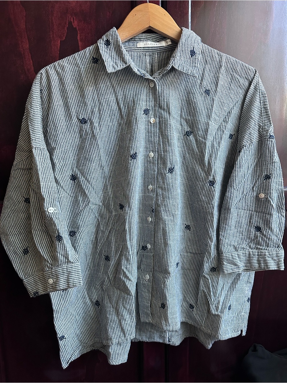 Ellison Blue and White Pinstripe Button-Down Cotton Shirt with Navy Embroidery